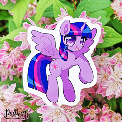 Size: 911x911 | Tagged: safe, artist:piripaints, character:twilight sparkle, character:twilight sparkle (alicorn), species:alicorn, species:pony, chibi, colored pupils, cute, female, flying, happy, mare, open eyes, photo, photography, solo, spread wings, sticker, twiabetes, wings