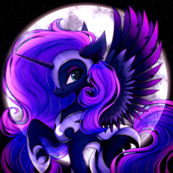 Size: 3000x3000 | Tagged: safe, artist:mite-lime, character:nightmare moon, character:princess luna, species:alicorn, species:pony, armor, colored wings, ear fluff, ethereal mane, female, full moon, galaxy mane, gradient wings, high res, looking back, mare, moon, night, night sky, profile, raised hoof, sky, solo, spread wings, starry night, starry tail, two toned wings, wings