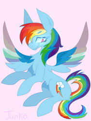 Size: 600x800 | Tagged: safe, artist:junko, derpibooru original, character:rainbow dash, species:pegasus, species:pony, big ears, chest fluff, cute, dashabetes, digital art, ear fluff, female, flying, grin, looking offscreen, mare, paint tool sai, rainbow, side view, simple background, smiling, smirk, solo, spread wings, wings