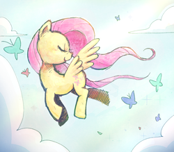 Size: 1000x875 | Tagged: safe, artist:nendo, character:fluttershy, species:pegasus, species:pony, butt wings, butterfly, cloud, cute, eyes closed, female, flying, mare, pixiv, profile, shyabetes, sky, smiling, solo, spread wings, wings
