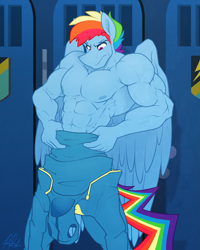 Size: 2477x3093 | Tagged: safe, artist:ponyanony, character:rainbow dash, species:anthro, species:pegasus, species:pony, abs, biceps, buff, clothing, male, muscles, muscular male, partial nudity, pecs, rainbow blitz, rainbuff dash, rule 63, serious, serious face, solo, tight clothing, topless, uniform, wonderbolts uniform