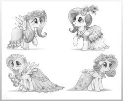 Size: 5200x4240 | Tagged: safe, artist:flutterstormreturns, character:fluttershy, species:pegasus, species:pony, alternate costumes, clothing, cute, dress, female, folded wings, gala dress, grayscale, looking at you, monochrome, pencil drawing, raised hoof, shyabetes, simple background, smiling, solo, traditional art, white background, wings