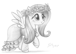 Size: 3507x2480 | Tagged: safe, artist:flutterstormreturns, character:fluttershy, species:pegasus, species:pony, episode:magical mystery cure, g4, my little pony: friendship is magic, clothing, dress, female, flower, flower in hair, grayscale, monochrome, simple background, solo, traditional art, white background, wings