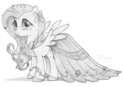 Size: 3507x2480 | Tagged: safe, artist:flutterstormreturns, character:fluttershy, species:pegasus, species:pony, episode:suited for success, episode:the best night ever, g4, my little pony: friendship is magic, clothing, dress, female, grayscale, monochrome, simple background, solo, traditional art, white background