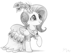 Size: 3338x2458 | Tagged: safe, artist:flutterstormreturns, species:pegasus, species:pony, episode:make new friends but keep discord, g4, my little pony: friendship is magic, clothing, dress, female, folded wings, gala dress, grayscale, looking up, mare, monochrome, pencil drawing, raised hoof, simple background, solo, traditional art, white background, wings