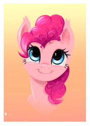 Size: 2235x3142 | Tagged: safe, artist:flutterstormreturns, character:pinkie pie, species:earth pony, species:pony, bust, cute, diapinkes, ear fluff, female, frame, full face view, high res, looking up, mare, portrait, smiling, solo