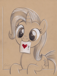 Size: 2444x3281 | Tagged: safe, artist:flutterstormreturns, character:trixie, species:pony, species:unicorn, brown background, cute, diatrixes, female, heart, looking at you, mare, mouth hold, note, pencil drawing, simple background, smiling, solo, traditional art