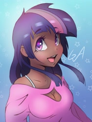 Size: 3000x4000 | Tagged: safe, artist:galinn-arts, character:twilight sparkle, species:human, abstract background, bare shoulders, boob window, bra, bra strap, breasts, bust, busty twilight sparkle, cleavage, clothing, cute, dark skin, eyelashes, female, happy, humanized, looking at you, off shoulder, open mouth, smiling, solo, twiabetes, underwear