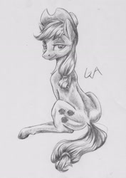 Size: 2316x3276 | Tagged: safe, artist:galinn-arts, character:applejack, species:earth pony, species:pony, female, looking at you, mare, monochrome, sitting, solo, traditional art