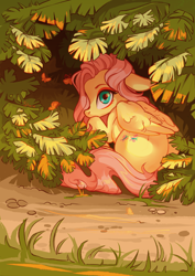 Size: 2894x4093 | Tagged: safe, artist:shore2020, character:fluttershy, species:pegasus, species:pony, bush, butterfly, cute, female, floppy ears, folded wings, hiding, high res, leaf, looking at you, looking back, looking back at you, mare, outdoors, plant, shy, shyabetes, solo, wings