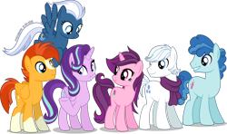 Size: 4096x2423 | Tagged: safe, artist:stellardusk, character:double diamond, character:night glider, character:party favor, character:starlight glimmer, character:sugar belle, character:sunburst, species:alicorn, species:earth pony, species:pegasus, species:pony, species:unicorn, alternate hairstyle, alternate mane six, alternate universe, clothing, group shot, race swap, scarf, simple background, transparent background, vector