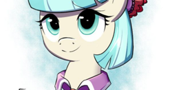 Size: 1338x703 | Tagged: safe, artist:tails-doll-lover, edit, character:coco pommel, species:earth pony, species:pony, bow, bust, cocobetes, cropped, cute, female, looking at you, mane bow, solo