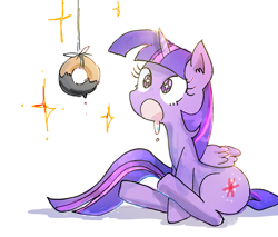 Size: 1004x857 | Tagged: safe, artist:nendo, character:twilight sparkle, character:twilight sparkle (alicorn), species:alicorn, species:pony, bait, cute, donut, drool, female, food, mare, open mouth, pixiv, simple background, sitting, solo, starry eyes, string, twiabetes, white background, wingding eyes