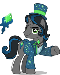 Size: 1404x1760 | Tagged: safe, alternate version, artist:stellardusk, character:king sombra, species:pony, species:unicorn, alternate cutie mark, alternate hair color, alternate hairstyle, alternate universe, clothing, hat, jewelry, magician outfit, male, necklace, simple background, smug, solo, top hat, transparent background
