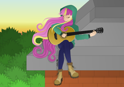 Size: 3508x2480 | Tagged: safe, artist:onlymeequestrian, oc, oc only, oc:brightfull flux, my little pony:equestria girls, guitar, long hair, musical instrument, solo