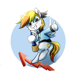 Size: 1000x1000 | Tagged: safe, artist:ketereissm, oc, oc only, oc:stormy squall, species:pegasus, species:pony, abstract background, bipedal, clothing, female, grin, mare, pegasus oc, smiling, solo, telescope, wings