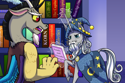 Size: 1800x1200 | Tagged: safe, artist:redahfuhrerking, character:discord, character:star swirl the bearded, species:draconequus, species:pony, species:unicorn, book, duo, duo male, magic, male, stallion, story included, telekinesis