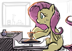Size: 1032x729 | Tagged: safe, artist:nendo, part of a set, character:fluttershy, species:pegasus, species:pony, female, pottery, pottery wheel, solo, sweat