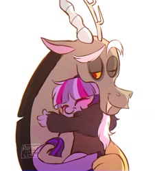Size: 925x1025 | Tagged: safe, artist:riukime, character:discord, oc, oc:jinx, parent:discord, parent:twilight sparkle, parents:discolight, species:draconequus, blushing, father and child, father and daughter, female, hug, hybrid, interspecies offspring, male, offspring, one eye closed, simple background, white background