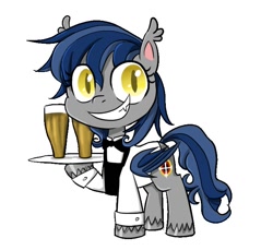 Size: 726x666 | Tagged: safe, artist:ketereissm, oc, oc only, species:bat pony, species:pony, my little pony:pony life, alcohol, bat pony oc, bat wings, beer, bow tie, clothing, grin, hoof hold, raised hoof, simple background, smiling, solo, unshorn fetlocks, waiter, white background, wings