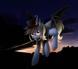 Size: 904x802 | Tagged: safe, artist:ketereissm, oc, oc only, oc:vesper flare, species:bat pony, species:pony, bat pony oc, bat wings, clothing, female, flying, hat, mare, mouth hold, outdoors, solo, sword, twilight (astronomy), weapon, wings