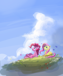 Size: 1250x1517 | Tagged: safe, artist:nendo, character:fluttershy, character:pinkie pie, species:earth pony, species:pegasus, species:pony, butterfly, cloud, duo, female, floating island, folded wings, looking away, looking up, mare, open mouth, outdoors, prone, sitting, sky, smiling, wings