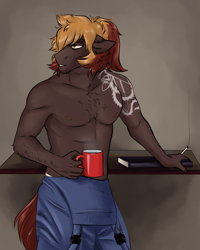 Size: 1598x2000 | Tagged: safe, artist:jeshh, oc, oc:coal train, species:anthro, clothing, coffee mug, male, mug, overalls, partial nudity, solo, tattoo, topless