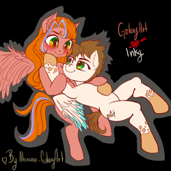 Size: 5500x5500 | Tagged: safe, artist:alejandraarelycc, artist:tonystorm12, oc, oc only, oc:galaxyart, oc:inky stylus, species:pegasus, species:pony, absurd resolution, adorable face, black background, blushing, couple, cute, ear fluff, fanfic art, looking at each other, love, pegasus oc, shipping, simple background, wings