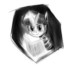 Size: 498x434 | Tagged: safe, artist:ketereissm, character:twilight sparkle, character:twilight sparkle (unicorn), species:pony, species:unicorn, book, female, glowing horn, grayscale, horn, magic, mare, monochrome, solo, telekinesis