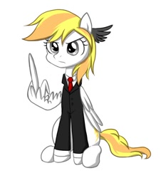 Size: 510x565 | Tagged: safe, artist:ketereissm, oc, oc only, oc:stormy squall, species:pegasus, species:pony, business suit, clothing, eyelashes, female, frown, mare, middle feather, middle finger, necktie, older, pegasus oc, simple background, sitting, solo, vulgar, white background, wing gesture, wing hands, wings
