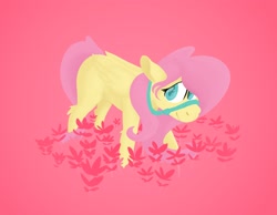 Size: 1800x1400 | Tagged: safe, artist:antimationyt, artist:bluestarsburst, character:fluttershy, species:pegasus, species:pony, bridle, female, floppy ears, flower, folded wings, grass, hoof fluff, leg fluff, looking at you, looking sideways, mare, missing cutie mark, pink background, raised hoof, simple background, smiling, solo, standing, tack, three quarter view, wings