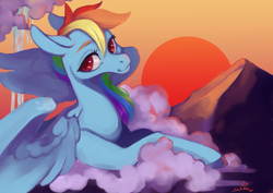 Size: 3508x2480 | Tagged: safe, artist:slimeprnicess, character:rainbow dash, species:pegasus, species:pony, cloud, colored hooves, female, looking at you, mare, solo, sunset