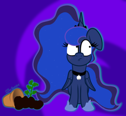 Size: 1618x1484 | Tagged: safe, artist:puperhamster, character:princess luna, species:alicorn, species:pony, abstract background, bell, bell collar, blushing, cat, catpony, collar, female, flower pot, original species, solo