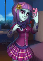 Size: 1860x2631 | Tagged: safe, artist:gabbslines, character:sunny flare, equestria girls:friendship games, g4, my little pony: equestria girls, my little pony:equestria girls, cellphone, clothing, commission, crystal prep academy uniform, female, high res, looking at you, phone, school uniform, selfie, smartphone, smiling, solo, sunny flare's wrist devices