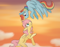Size: 2000x1550 | Tagged: safe, artist:antimationyt, character:fluttershy, character:rainbow dash, species:pegasus, species:pony, newbie artist training grounds, ship:flutterdash, atg 2020, blushing, cloud, ear fluff, eye contact, female, flying, folded wings, lesbian, looking at each other, looking down, looking up, mare, missing cutie mark, on a cloud, outdoors, raised hoof, shipping, sitting, sky, smiling, spread wings, wings
