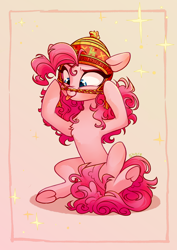 Size: 2894x4093 | Tagged: safe, artist:shore2020, character:pinkie pie, species:earth pony, species:pony, blep, cap, clothing, commission, cute, diapinkes, female, hat, mare, silly, silly pony, sitting, solo, tongue out