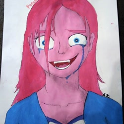 Size: 1080x1080 | Tagged: safe, alternate version, artist:starly_but, character:pinkamena diane pie, character:pinkie pie, my little pony:equestria girls, bust, clothing, colored, crying, female, open mouth, smiling, solo, traditional art