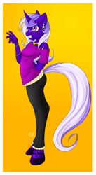 Size: 1643x2996 | Tagged: safe, artist:ms-seven0, oc, oc:stella crescent, species:anthro, species:pony, species:unguligrade anthro, species:unicorn, anthro oc, clothing, collar, cute, ear piercing, earring, female, freckles, grin, hooves, jewelry, mare, nervous grin, pants, piercing, shirt, shoes, shy, smiling, solo, waving