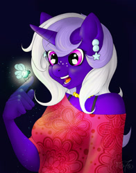 Size: 1840x2344 | Tagged: safe, artist:ms-seven0, oc, oc:stella crescent, species:anthro, species:pony, species:unicorn, anthro oc, clothing, collar, cute, ear piercing, earring, female, freckles, glow, happy, horn, jewelry, parasprite, piercing, shirt, smiling, solo