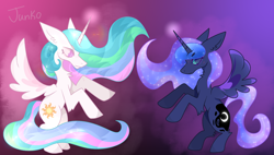 Size: 1500x850 | Tagged: safe, artist:junko, derpibooru original, character:princess celestia, character:princess luna, species:alicorn, species:pony, arm fluff, aura, big ears, bipedal, chest fluff, colored lineart, cute, cutelestia, digital art, duo, duo female, ear fluff, ethereal mane, eyelashes, female, full body, galaxy mane, glow, gradient background, lunabetes, magic, magic aura, paint tool sai, profile, profile view, rearing, royal sisters, royalty, shiny, simple background, sparkles, spread wings, standing, standing up, wings