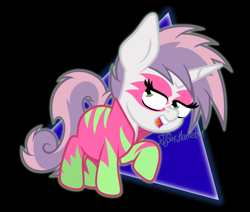 Size: 1542x1305 | Tagged: safe, artist:puperhamster, character:sweetie belle, species:pony, species:unicorn, episode:the show stoppers, g4, my little pony: friendship is magic, abstract background, alternate hairstyle, clothing, female, filly, show stopper outfits, simple background, solo