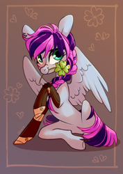 Size: 2894x4093 | Tagged: safe, artist:shore2020, oc, oc:lucky twist, species:pegasus, species:pony, amputee, flower, flower in mouth, mouth hold, prosthetic limb, prosthetics, scar, solo, steampunk
