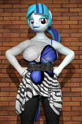 Size: 2560x3840 | Tagged: safe, artist:kevhon, character:sonata dusk, species:anthro, 3d, breasts, brick wall, busty sonata dusk, clothing, dress, eyeshadow, female, hand on hip, lipstick, makeup, pose, solo, source filmmaker