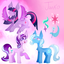 Size: 1200x1200 | Tagged: safe, artist:junko, derpibooru original, character:starlight glimmer, character:trixie, character:twilight sparkle, character:twilight sparkle (alicorn), species:alicorn, species:pony, species:unicorn, big ears, chest fluff, digital art, ear fluff, flying, frown, full body, great and powerful, jealous, open mouth, paint tool sai, raised eyebrow, raised hoof, simple background, smiling, smug, spread wings, standing, trixie is not amused, unamused, wings