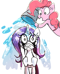 Size: 1300x1600 | Tagged: safe, artist:nendo, character:pinkie pie, character:rarity, species:earth pony, species:pony, species:unicorn, angry, bucket, duo, makeup, mascara, pinkie prick, prank, running makeup, simple background, this will end in tears, water, wet, wet mane, wet mane rarity