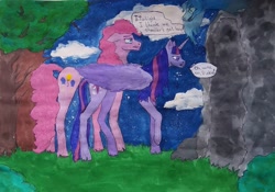 Size: 1080x757 | Tagged: safe, alternate version, artist:starly_but, character:twilight sparkle, character:twilight sparkle (alicorn), species:alicorn, species:earth pony, species:pony, bush, cave, cloud, colored, dialogue, female, grin, lineart, mare, outdoors, raised hoof, smiling, traditional art, tree, worried