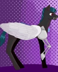 Size: 1080x1350 | Tagged: safe, artist:starly_but, oc, oc only, species:pegasus, species:pony, amputee, artificial wings, augmented, ear piercing, earring, fangs, jewelry, nose piercing, nose ring, pegasus oc, piercing, polka dot background, prosthetic limb, prosthetic wing, prosthetics, raised hoof, solo, wings