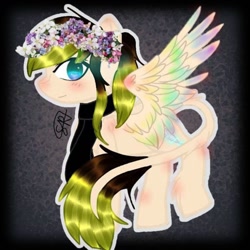 Size: 1024x1024 | Tagged: safe, artist:starly_but, oc, oc only, species:pegasus, species:pony, female, floral head wreath, flower, leonine tail, mare, pegasus oc, smiling, solo, wings