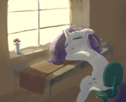Size: 1448x1178 | Tagged: safe, artist:nendo, character:rarity, species:pony, species:unicorn, chair, eyes closed, female, floppy ears, flower, sleeping, solo, window