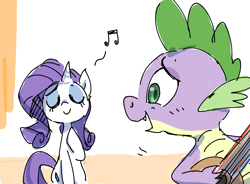 Size: 1900x1400 | Tagged: safe, artist:nendo, character:rarity, character:spike, species:dragon, species:pony, species:unicorn, ship:sparity, eyes closed, female, guitar, male, music notes, musical instrument, open mouth, shipping, singing, straight